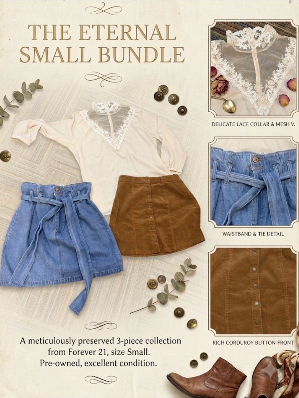 Lot of 3 Cream Lace V-Neck Top + Blue Denim Skirt + Brown Corduroy Skirt - Small